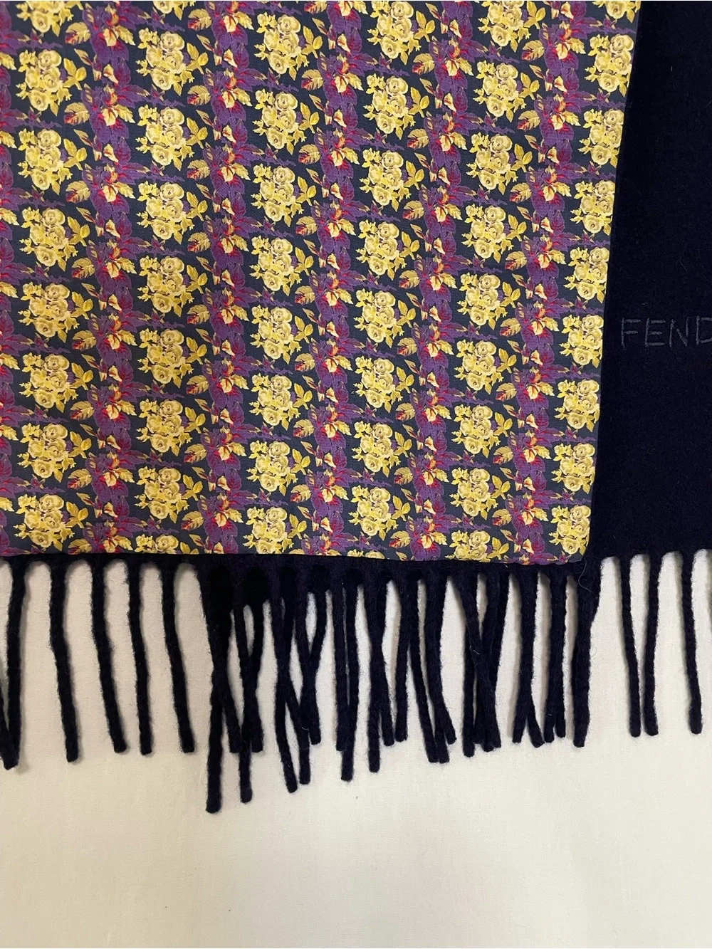 Vintage FENDI Cravatte Silk & Wool Double-Sided Fringe Scarf Floral Navy Italy